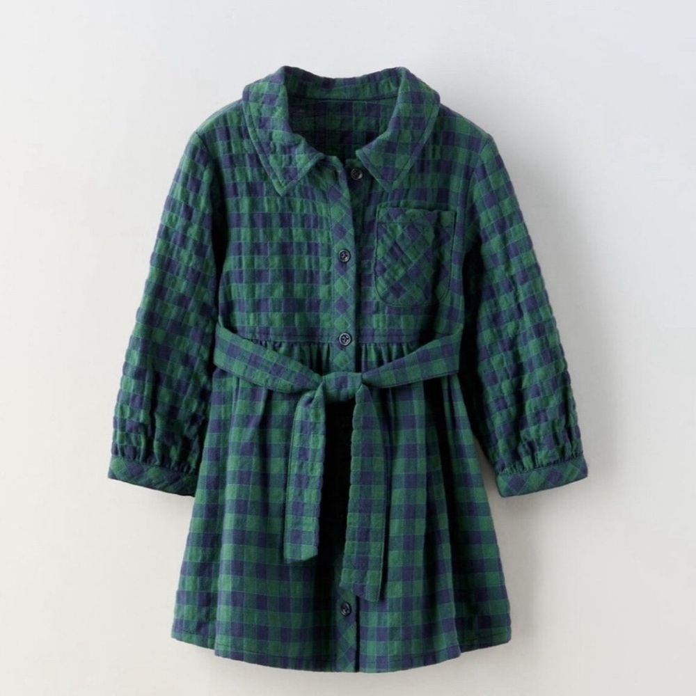 Zara baby Girls Green & Navy Plaid Belted Flannel dress Size 18-24 months